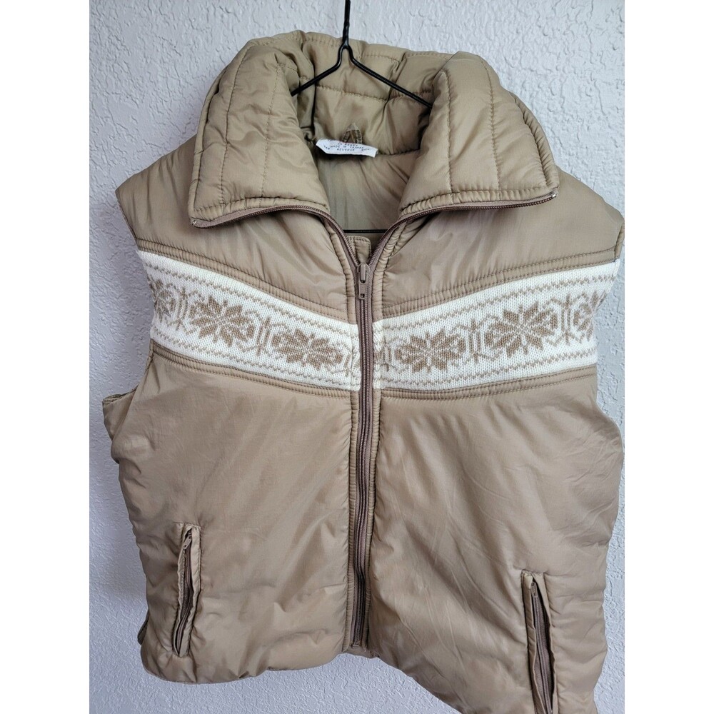 Vintage Tan Puffer Vest Womens Large Snowflake Knit Yoke Full Zip